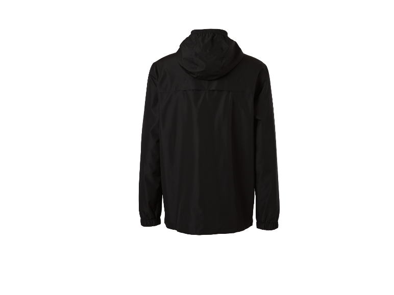 Een zwart jack met capuchon, achterkant.