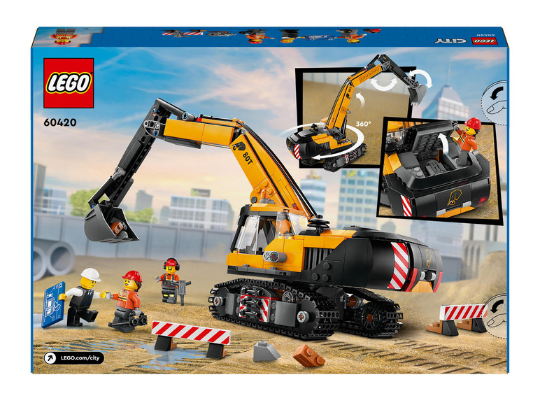 LEGO City set met een gele graafmachine met bewegende arm en drie minifiguren.