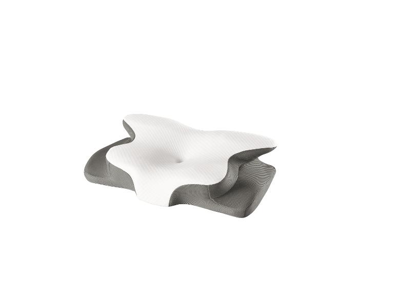 Ergonomisch orthopedisch kussen met witte hoes en grijze mesh.