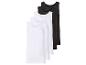 Vijf heren tanktops, drie witte en twee zwarte, diagonaal gestapeld.