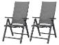 Twee grijze opvouwbare tuinstoelen met hoge rugleuningen en armleuningen.