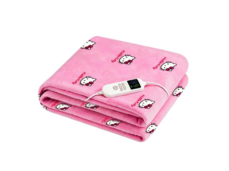 Opgevouwen roze Hello Kitty elektrische deken met digitale bediening.