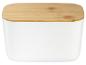 Witte opbergdoos met een lichtbruin houten deksel