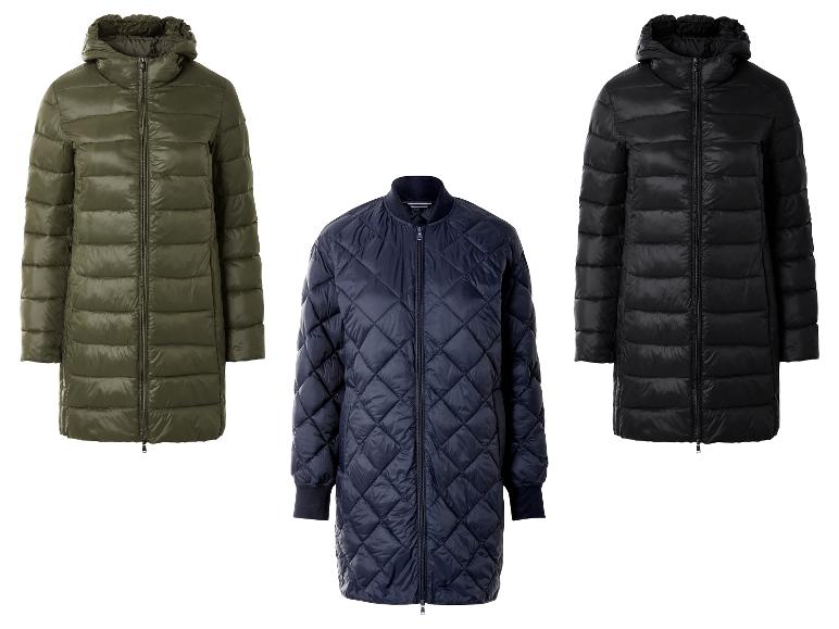 Drie lange gewatteerde jassen: olijfgroen, marineblauw en zwart.