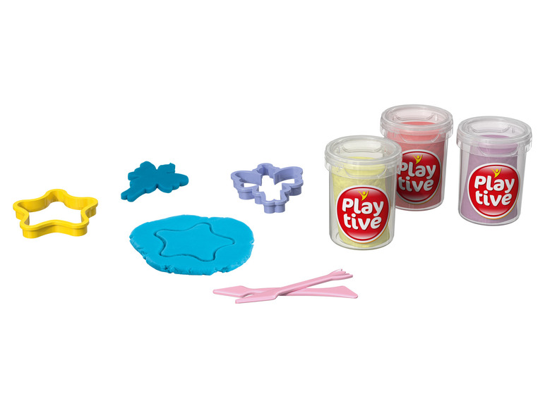 Play-Doh Play-Doh in drie kleuren met vormpjes en gereedschap.