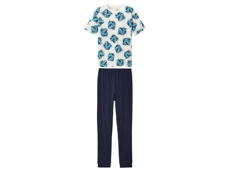 Een pyjama met een witte t-shirt met een dinosaurusprint en een donkerblauwe broek.