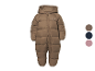 Bruin gewatteerd kinder skipak met capuchon en rits, met een geborduurde beer.