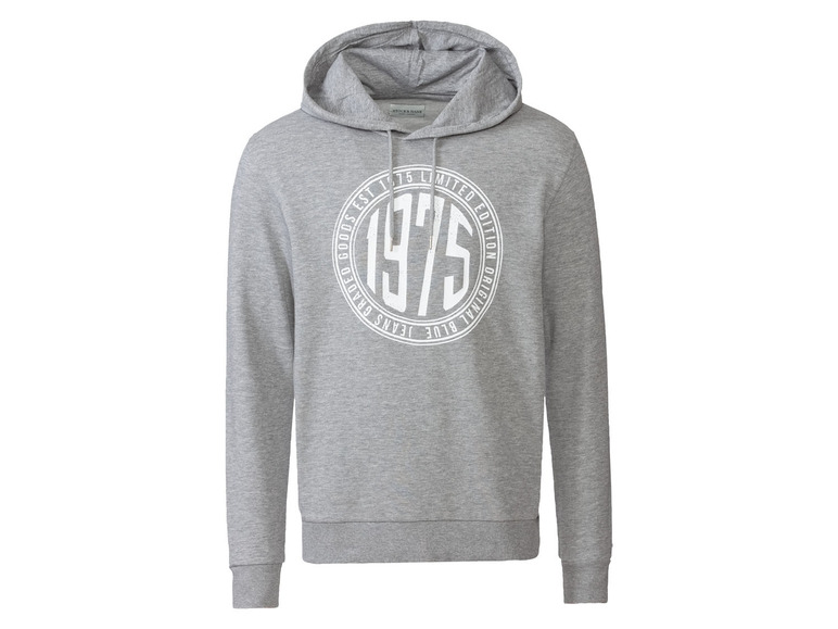 Grijze hoodie met een 'Original Blue' 1975 logo.