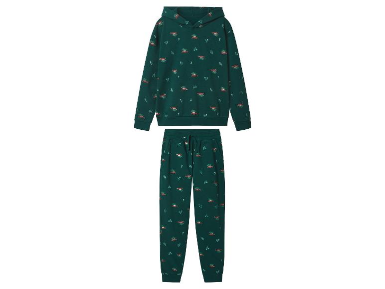 Groene pyjama met capuchontrui en broek met auto-opdruk