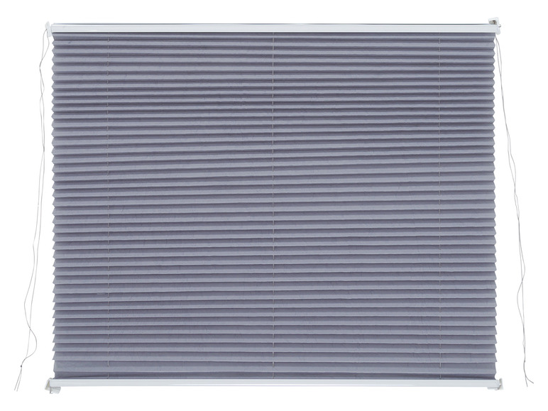 Grijze vouwgordijnen met wit frame.