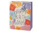 Verjaardagscadeautas met cadeaus en ballonnen, met de tekst 'HAPPY BIRTHDAY!'