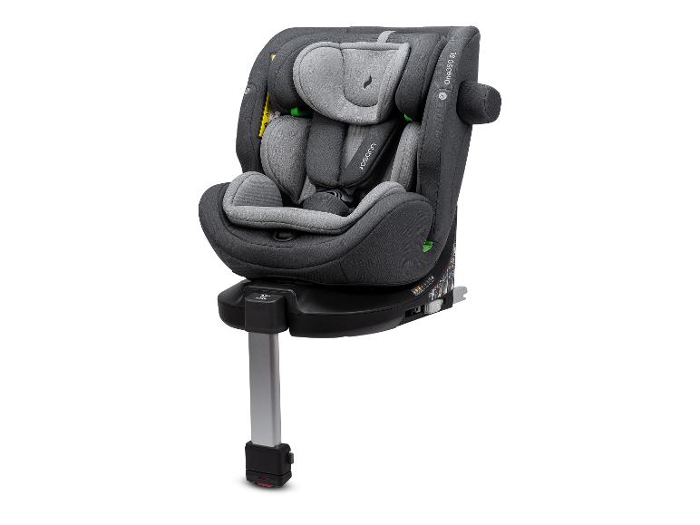 Grijs en zwart kinderautostoeltje met draaibare basis en steunpoot.