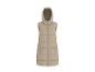 Beige lange gewatteerde bodywarmer met capuchon en rits.