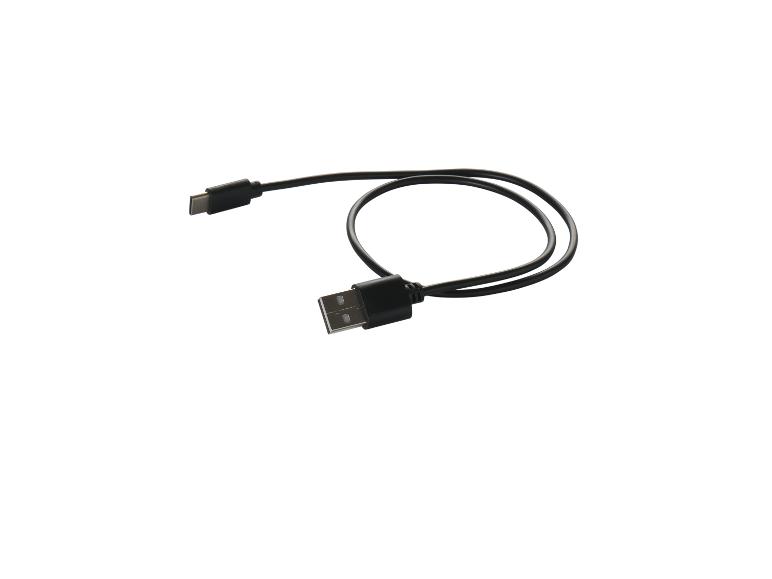 Zwarte USB-A naar USB-C oplaadkabel op een witte achtergrond.