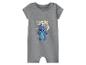 Grijze baby romper met blauwe cartoonfiguurprint en tekst 'I'm not a morning alien'.