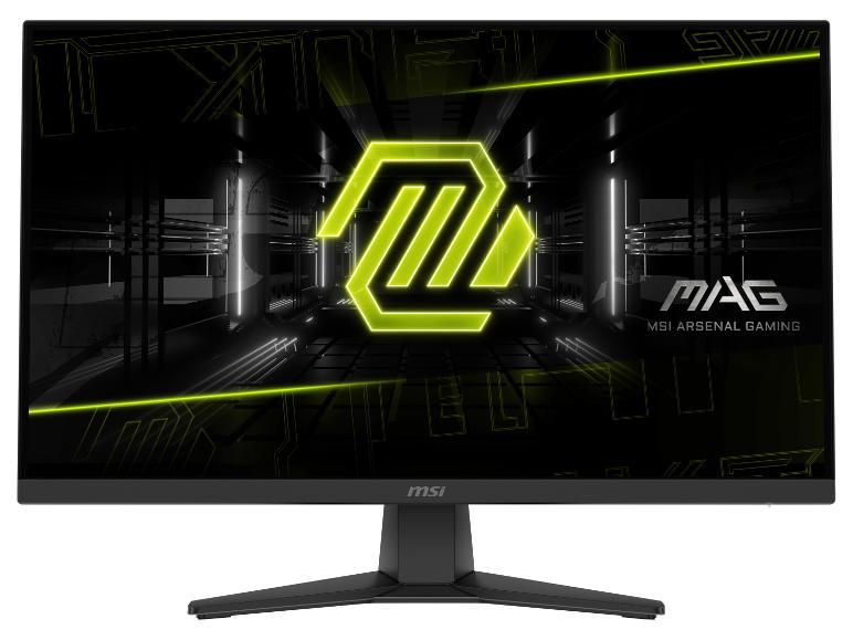 Zwarte gamingmonitor met gloeiend groen hexagonaal logo en de tekst 'MAG MSI ARSENAL GAMING'.