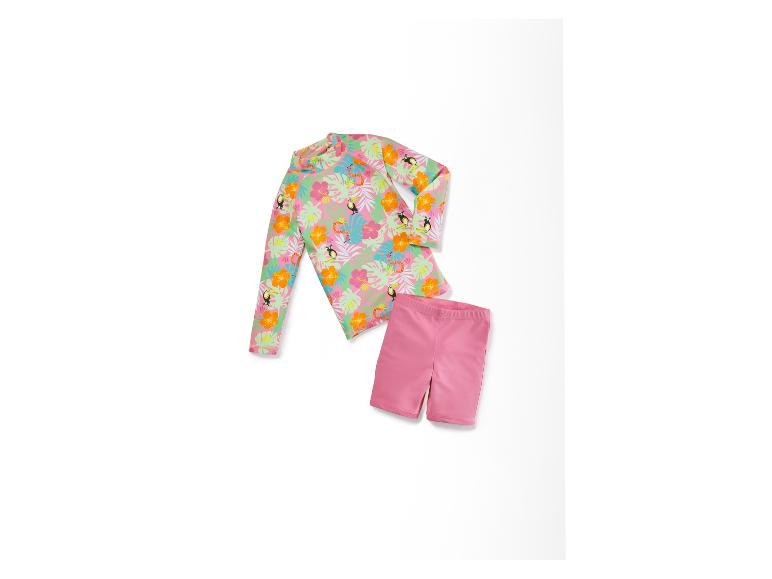 Kinder badpak:  lang mouw shirt met tropische print en roze short.
