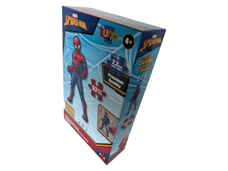 Een doos met een Marvel Spiderman vloertegelpuzzel van 52 stukjes.
