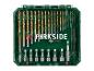 Boor- en bitset in een groene doos met gereedschap en de tekst 'PARKSIDE'.