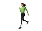 Vrouw in groen hardloopshirt en zwarte hardlooplegging rent.