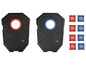 Twee zwarte Playtive-doelen met rode en blauwe ringen, zes beanbags in rood en blauw.