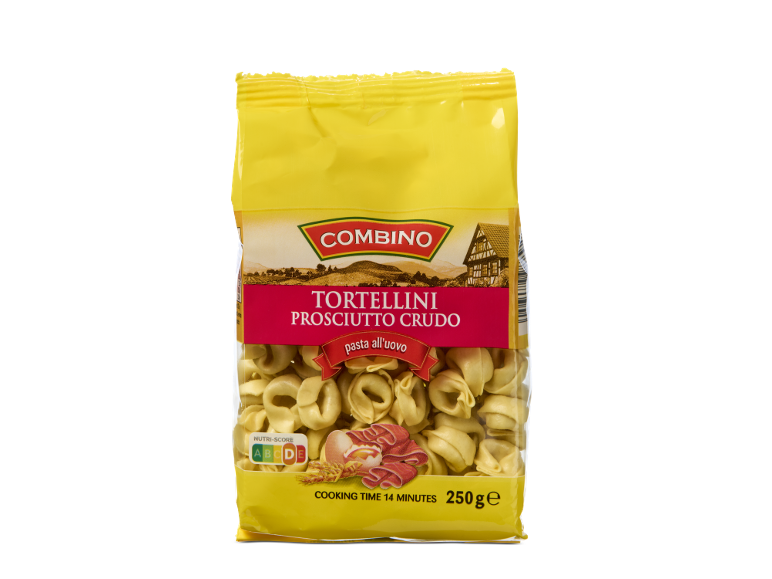 Verpakking tortellini met prosciutto crudo en eierpasta, 250g.