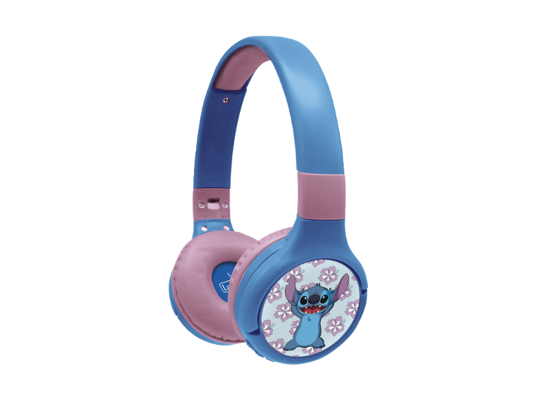 Blauw-roze koptelefoon met stripfiguur en bloemenpatroon.