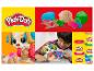 Play-Doh: logo, kleurrijke boetseerklei en een kind dat speelt met een Play-Doh puppy.