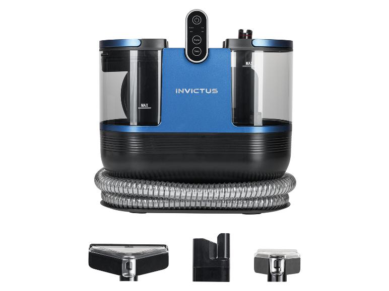Blauwe INVICTUS tapijtreiniger met slangen en accessoires.