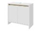 Witte badkamerkast met twee deuren en een houten plank.