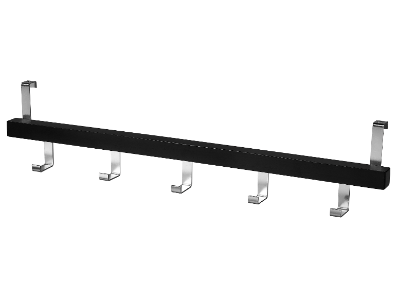 Zwarte houten kapstok met metalen haken.