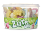 Een transparante pot met zure snoepjes in diverse kleuren en vormen, waaronder beertjes en flesjes, met de tekst 'Zure Mix'.