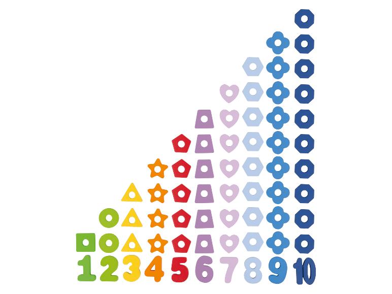 Kleurrijke houten cijfers, geometrische vormen en bloemen.