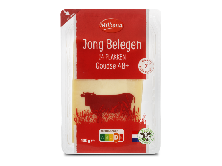 Milbona Jong Belegen Goudse 48+ plakken kaas, 400 g