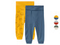 Twee leggings voor baby's, één met beerprint en één effen blauw.