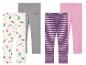 Drie paar leggings voor meisjes: één met eenhoornprint, één gestreept en één effen roze.