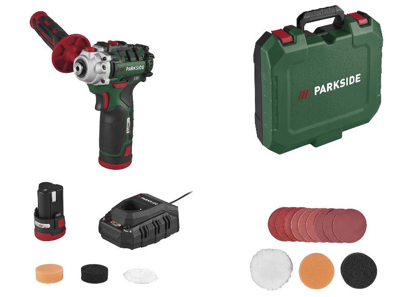 Draadloze polijstmachine met accu, oplader, koffer en diverse polijstaccessoires.