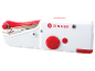 Draagbare handnaaimachine in wit en rood met bedieningsknoppen.