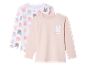 Twee baby-longsleeves, één met een konijnenprint en één lichtroze met een konijn.