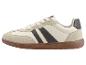 Beige en donkergrijze sneakers met bruine zool.