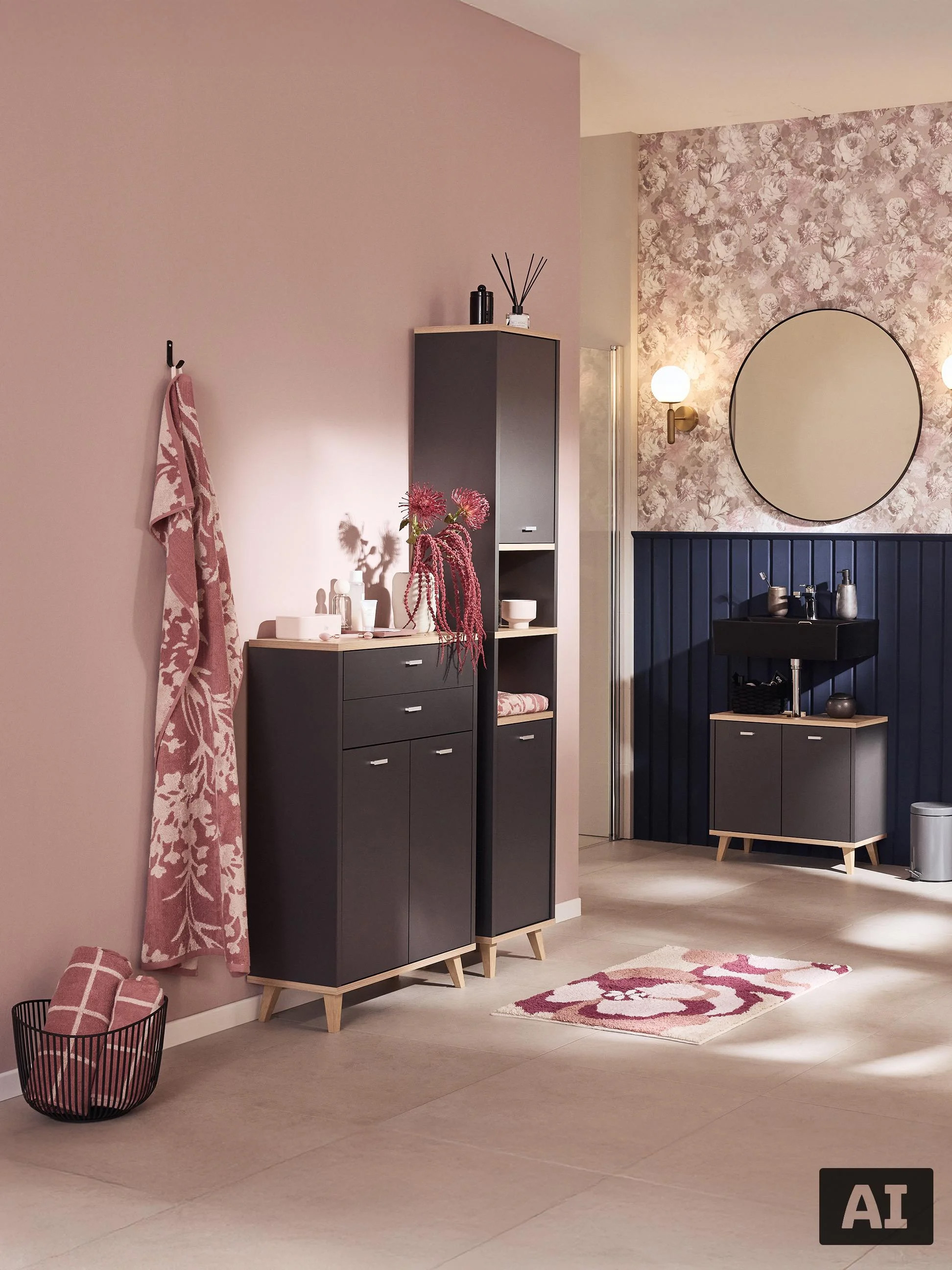 Moderne badkamermeubels in roze en donkergrijze tinten.