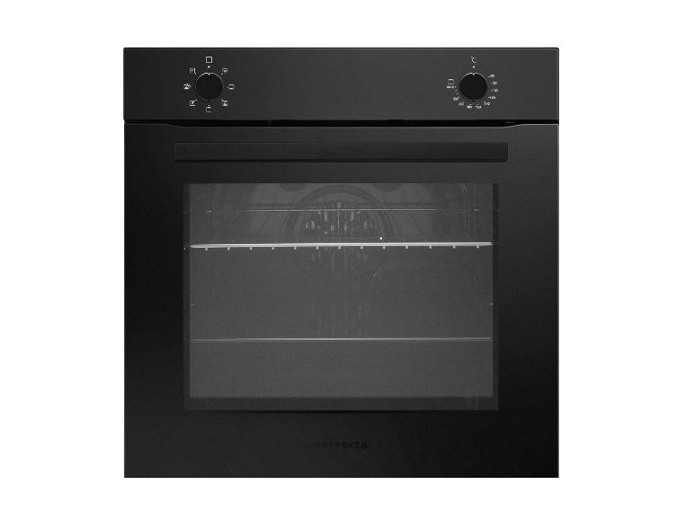 Zwarte inbouw oven met twee bedieningsknoppen en een glazen deur