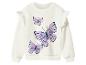 Wit sweatshirt met lange mouwen, ruches op de schouders en paarse vlinderprint