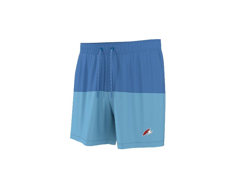 Tweekleurige blauwe zwemshort met trekkoord en logo op de pijp.