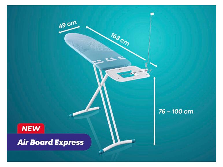 Air Board Express strijkplank met afmetingen 49x163 cm en verstelbare hoogte 76-100 cm.
