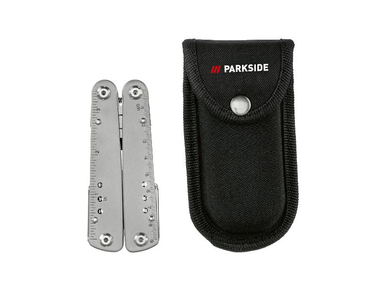 Parkside multitool van roestvrij staal met zwarte hoes.