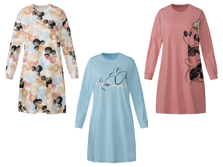 Drie lange mouwen Disney-jurken met ronde hals: een met stippen, een met Minnie Mouse en een met Mickey Mouse.