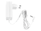 Witte stroomadapter met Europese stekker en opgerolde kabel met DC-connector.