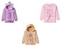 Paarse My Little Pony hoodie, roze Peppa Pig sweatshirt en beige Paw Patrol Skye hoodie.