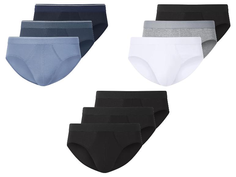 Drie sets herenslips in blauw, zwart, wit en grijs